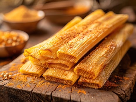 Tamales. Prehispanic dish typical of Mexico. Delicious tamales photography, explosion flavors, studio lighting, studio background, well-lit, vibrant colors, sharp-focus, high-quality, artistic, unique