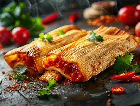 Tamales. Prehispanic dish typical of Mexico. Delicious tamales photography, explosion flavors, studio lighting, studio background, well-lit, vibrant colors, sharp-focus, high-quality, artistic, unique