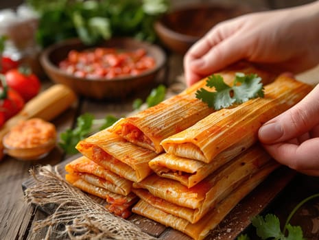 Tamales. Prehispanic dish typical of Mexico. Delicious tamales photography, explosion flavors, studio lighting, studio background, well-lit, vibrant colors, sharp-focus, high-quality, artistic, unique