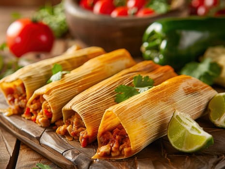 Tamales. Prehispanic dish typical of Mexico. Delicious tamales photography, explosion flavors, studio lighting, studio background, well-lit, vibrant colors, sharp-focus, high-quality, artistic, unique