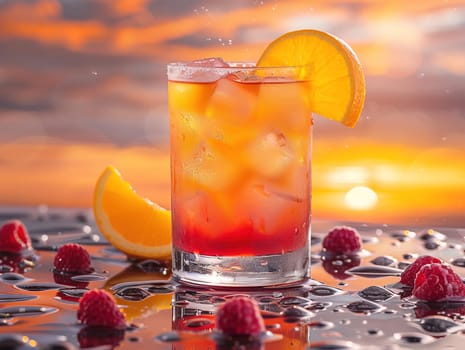 Tequila Sunrise Cocktail in vintage glass. Delicious Tequila Sunrise cocktail photography, explosion flavors, studio lighting, studio background, well-lit, vibrant colors, sharp-focus, high-quality, artistic, unique