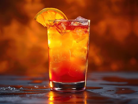 Tequila Sunrise Cocktail in vintage glass. Delicious Tequila Sunrise cocktail photography, explosion flavors, studio lighting, studio background, well-lit, vibrant colors, sharp-focus, high-quality, artistic, unique