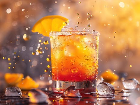 Tequila Sunrise Cocktail in vintage glass. Delicious Tequila Sunrise cocktail photography, explosion flavors, studio lighting, studio background, well-lit, vibrant colors, sharp-focus, high-quality, artistic, unique