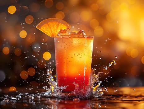 Tequila Sunrise Cocktail in vintage glass. Delicious Tequila Sunrise cocktail photography, explosion flavors, studio lighting, studio background, well-lit, vibrant colors, sharp-focus, high-quality, artistic, unique