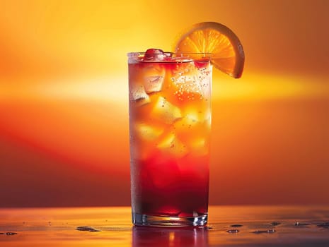 Tequila Sunrise Cocktail in vintage glass. Delicious Tequila Sunrise cocktail photography, explosion flavors, studio lighting, studio background, well-lit, vibrant colors, sharp-focus, high-quality, artistic, unique