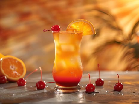 Tequila Sunrise Cocktail in vintage glass. Delicious Tequila Sunrise cocktail photography, explosion flavors, studio lighting, studio background, well-lit, vibrant colors, sharp-focus, high-quality, artistic, unique