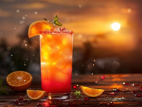 Tequila Sunrise Cocktail in vintage glass. Delicious Tequila Sunrise cocktail photography, explosion flavors, studio lighting, studio background, well-lit, vibrant colors, sharp-focus, high-quality, artistic, unique