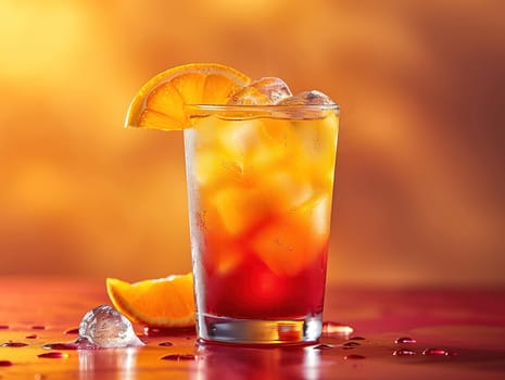 Tequila Sunrise Cocktail in vintage glass. Delicious Tequila Sunrise cocktail photography, explosion flavors, studio lighting, studio background, well-lit, vibrant colors, sharp-focus, high-quality, artistic, unique