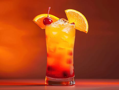 Tequila Sunrise Cocktail in vintage glass. Delicious Tequila Sunrise cocktail photography, explosion flavors, studio lighting, studio background, well-lit, vibrant colors, sharp-focus, high-quality, artistic, unique