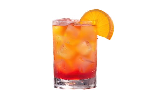 Tequila Sunrise Cocktail in vintage glass. Delicious Tequila Sunrise cocktail photography, explosion flavors, studio lighting, studio background, well-lit, vibrant colors, sharp-focus, high-quality, artistic, unique