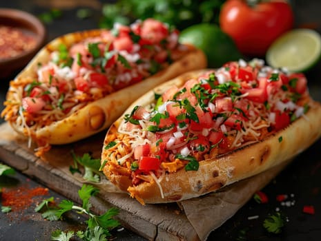 Delicious tortas photography, explosion flavors, studio lighting, studio background well-lit, vibrant colors, sharp-focus, high-quality, unique flat bread. In Mexico, a torta is a kind of sandwich.