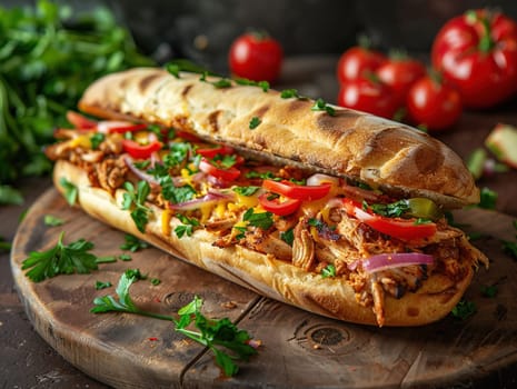 Delicious tortas photography, explosion flavors, studio lighting, studio background well-lit, vibrant colors, sharp-focus, high-quality, unique flat bread. In Mexico, a torta is a kind of sandwich.