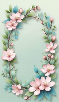 Floral wreath with spring flowers on background. Vector illustration.Spring background with flowers and wreath. Vector illustration for your design.Spring background with cherry blossoms and green leaves. Spring blossom background with copy space for text.