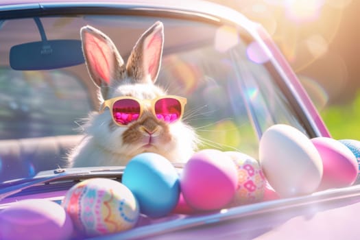 A rabbit is wearing sunglasses and sitting in a car with a bunch of Easter eggs. The scene is playful and lighthearted, with the rabbit looking cool and confident in its sunglasses