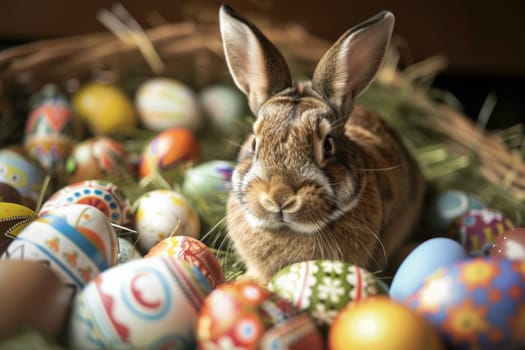 A rabbit is sitting in a basket full of Easter eggs