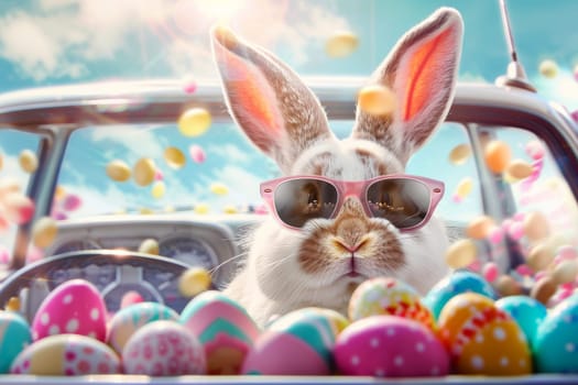 A rabbit is sitting in a car with a bunch of Easter eggs. The rabbit is wearing sunglasses and he is enjoying the ride