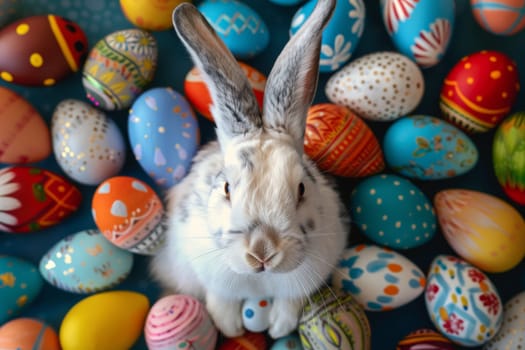 A white rabbit is standing in front of a bunch of colorful Easter eggs. The eggs are of various sizes and colors, and they are scattered around the rabbit. Concept of joy and celebration