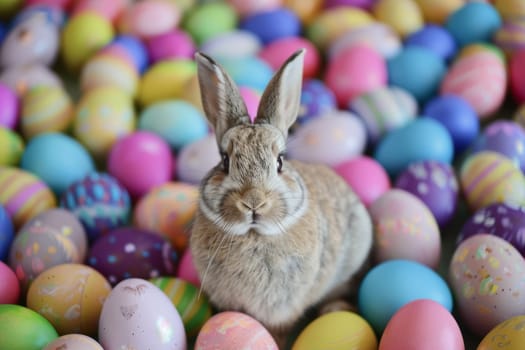 A rabbit is standing in a pile of colorful Easter eggs. The eggs are of various colors, including pink, blue, yellow, and green. The rabbit is the main focus of the image
