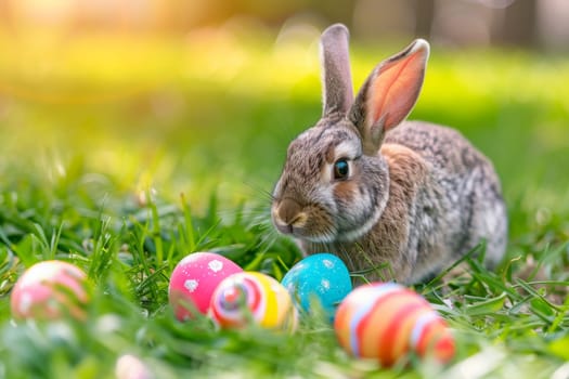 A rabbit is sitting in a field of Easter eggs. The eggs are scattered around the rabbit, with some closer to it and others further away. The scene is peaceful and serene