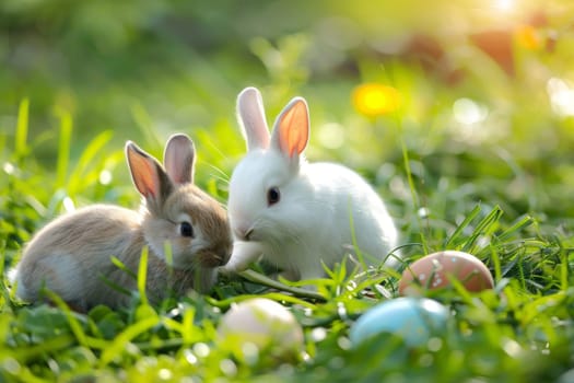 Two baby rabbits are playing in a grassy field. One of the rabbits is holding a stick in its mouth