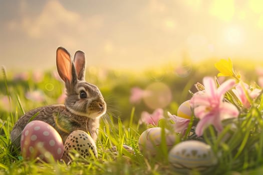 A rabbit is sitting in a field of flowers and eggs. The scene is peaceful and serene, with the rabbit being the main focus of the image. The flowers and eggs add a touch of whimsy