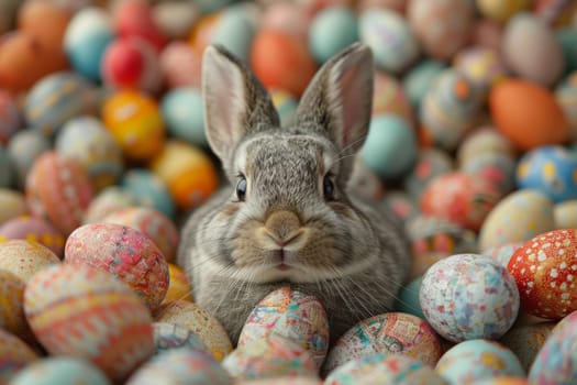 A rabbit is sitting in a pile of colorful Easter eggs. The scene is playful and whimsical, with the rabbit being the main focus of the image