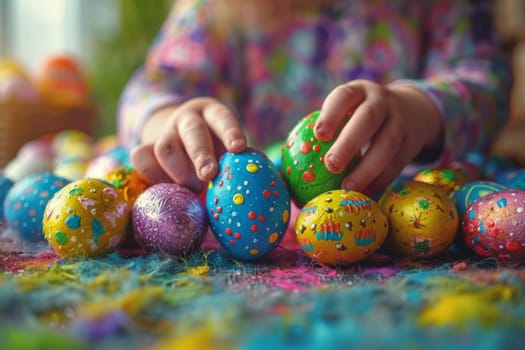 A child is playing with a bunch of colorful Easter eggs. The eggs are decorated with different colors and patterns, and the child is holding one in each hand. Concept of joy and playfulness