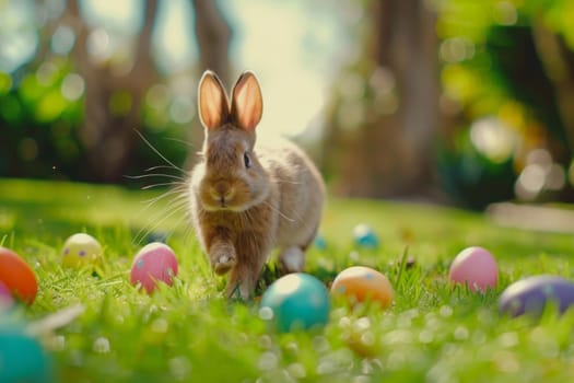 A rabbit is walking through a field of Easter eggs. The scene is bright and cheerful, with the rabbit and eggs creating a sense of playfulness and joy
