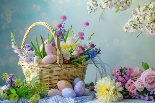 A basket of Easter eggs and flowers sits on a table. The basket is filled with a variety of colorful flowers and eggs, including pink and yellow ones