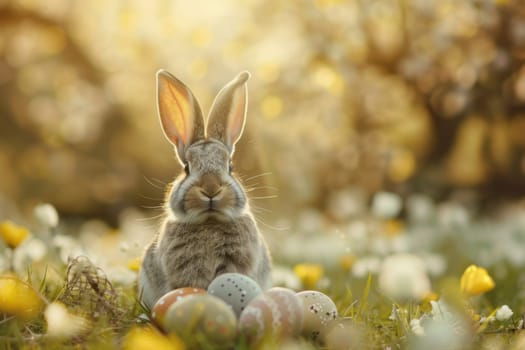 A rabbit is sitting in a field of yellow flowers and eggs. The rabbit is looking at the camera with a curious expression. The scene is peaceful and serene, with the rabbit