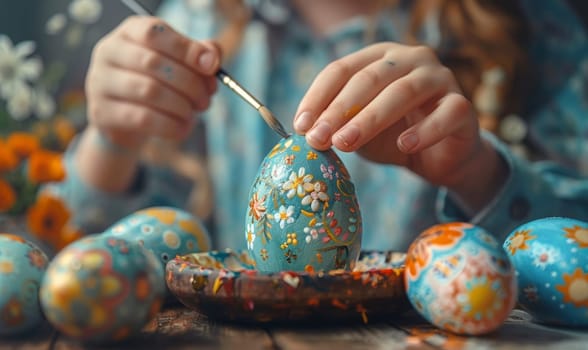 A woman is painting a blue egg with flowers on it. She is surrounded by other painted eggs