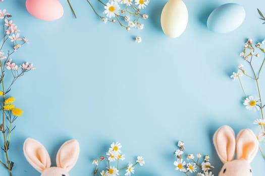A blue background with a bunch of flowers and a couple of rabbits