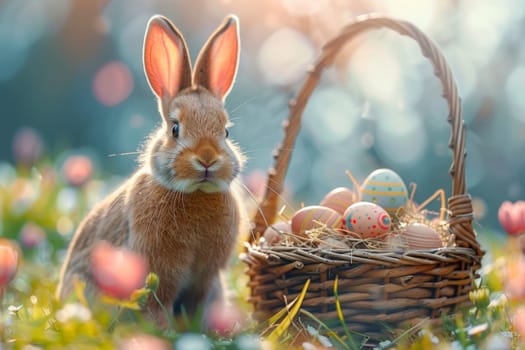 A rabbit is standing in a field of flowers next to a basket of Easter eggs. The scene is peaceful and serene, with the rabbit looking up at the basket as if it were a gift