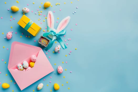 A pink envelope with a bunny on it and a bunch of Easter eggs on the floor. The envelope is on a blue background