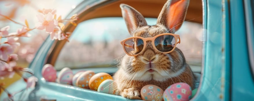 A rabbit wearing sunglasses sits in a car with a bunch of Easter eggs. The scene is playful and lighthearted, with the rabbit looking out the window and enjoying the view