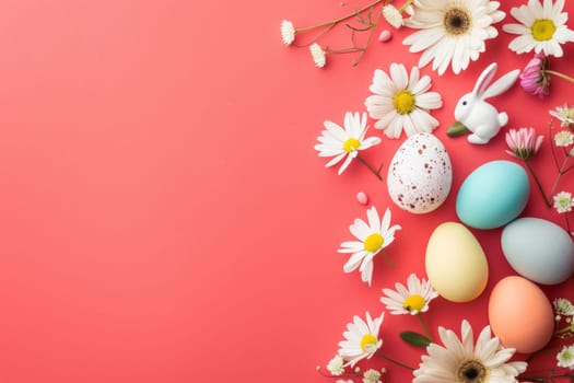 A red background with a bunch of flowers and a bunny and a bunch of eggs. The eggs are in different colors and the bunny is in the middle