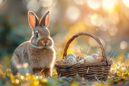 A rabbit is standing in front of a basket of eggs. The basket is made of wicker and is filled with eggs. The scene has a peaceful and calm mood