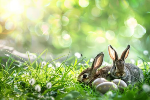 Two baby rabbits are laying in the grass next to some eggs. The scene is peaceful and serene, with the rabbits and eggs blending in with the natural surroundings