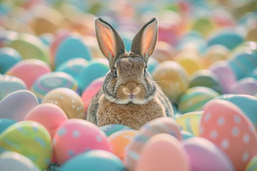 A rabbit is sitting in a pile of Easter eggs. The eggs are in various colors, including pink, yellow, and blue. The rabbit is the main focus of the image