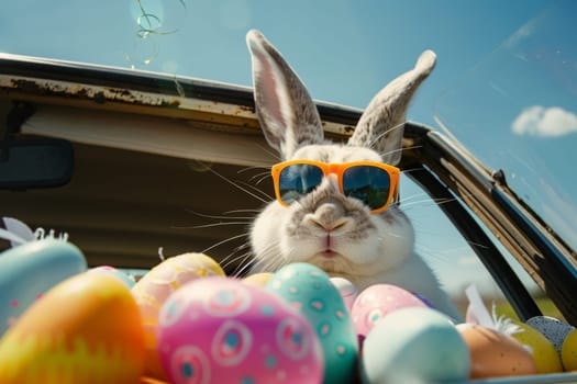 A rabbit wearing sunglasses and holding a bunch of Easter eggs. The rabbit is looking at the camera with a smile on its face