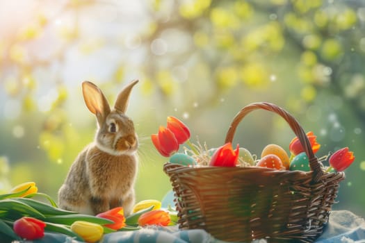 A rabbit is sitting in front of a basket of Easter eggs. The basket is filled with a variety of eggs, including some that are already cracked open. The scene is set in a garden, with flowers