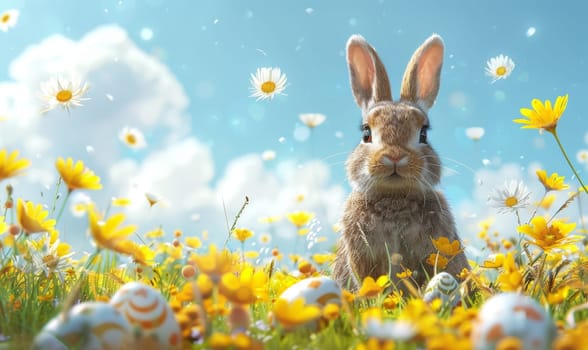 A rabbit is standing in a field of yellow flowers. The rabbit is looking at the camera with a curious expression. The scene is bright and cheerful, with the sun shining down on the flowers