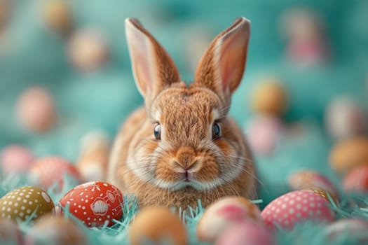 A rabbit is sitting on a bed of Easter eggs. The rabbit is looking at the camera with a curious expression. The scene is playful and lighthearted, with the rabbit being the main focus of the image