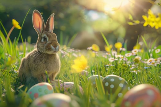 A rabbit is standing in a field of Easter eggs. The scene is bright and cheerful, with the sun shining down on the grass and the eggs. The rabbit is enjoying the day