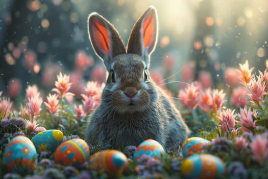 A rabbit is sitting in a field of flowers and eggs. The rabbit is looking at the camera with its ears perked up. The scene is peaceful and serene, with the rabbit surrounded by nature
