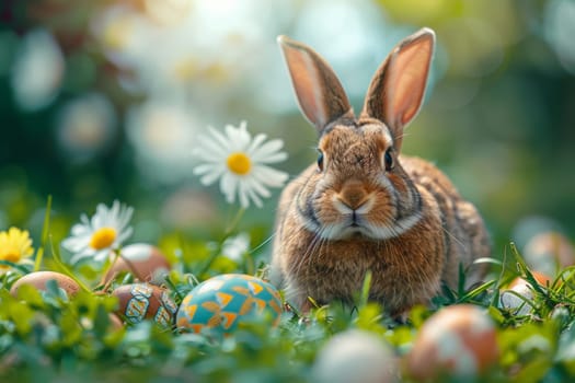 A rabbit is sitting in a field of Easter eggs. The scene is peaceful and serene, with the rabbit looking up at the camera