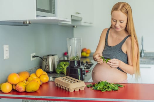 Embracing a nutritious choice, a pregnant woman joyfully prepares a vibrant vegetable smoothie, prioritizing wholesome ingredients for optimal well-being during her maternity journey.