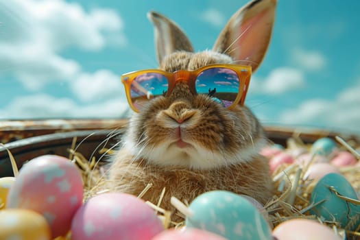 A rabbit wearing sunglasses and sitting on a pile of Easter eggs. The rabbit is looking at the camera with a somewhat bored expression