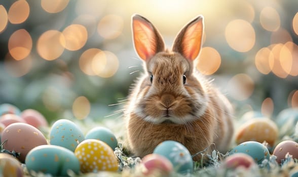 A rabbit is sitting on a bed of Easter eggs. The rabbit is brown and has long ears. The eggs are scattered around the rabbit, with some closer to the rabbit and others further away