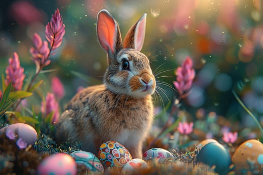 A rabbit is sitting in a field of flowers and eggs. The rabbit is looking at the camera with a curious expression. The scene is peaceful and serene, with the rabbit being the main focus of the image